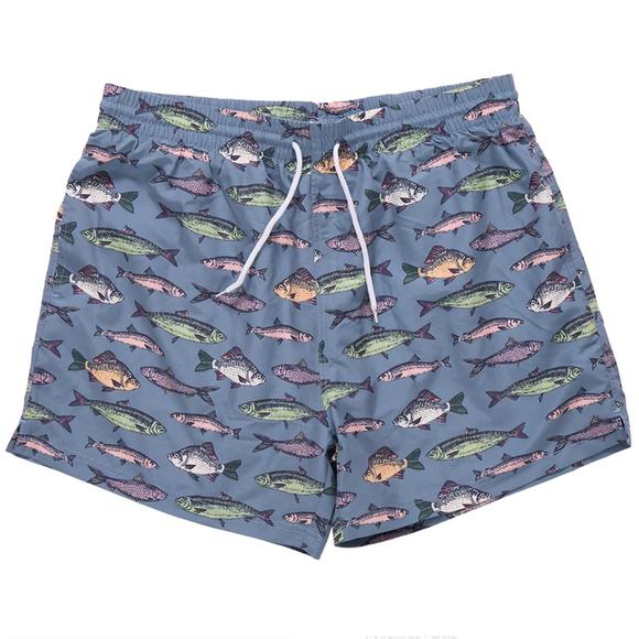 NEW PINK CHICKEN men's swim trunk in bluestone multi fishies